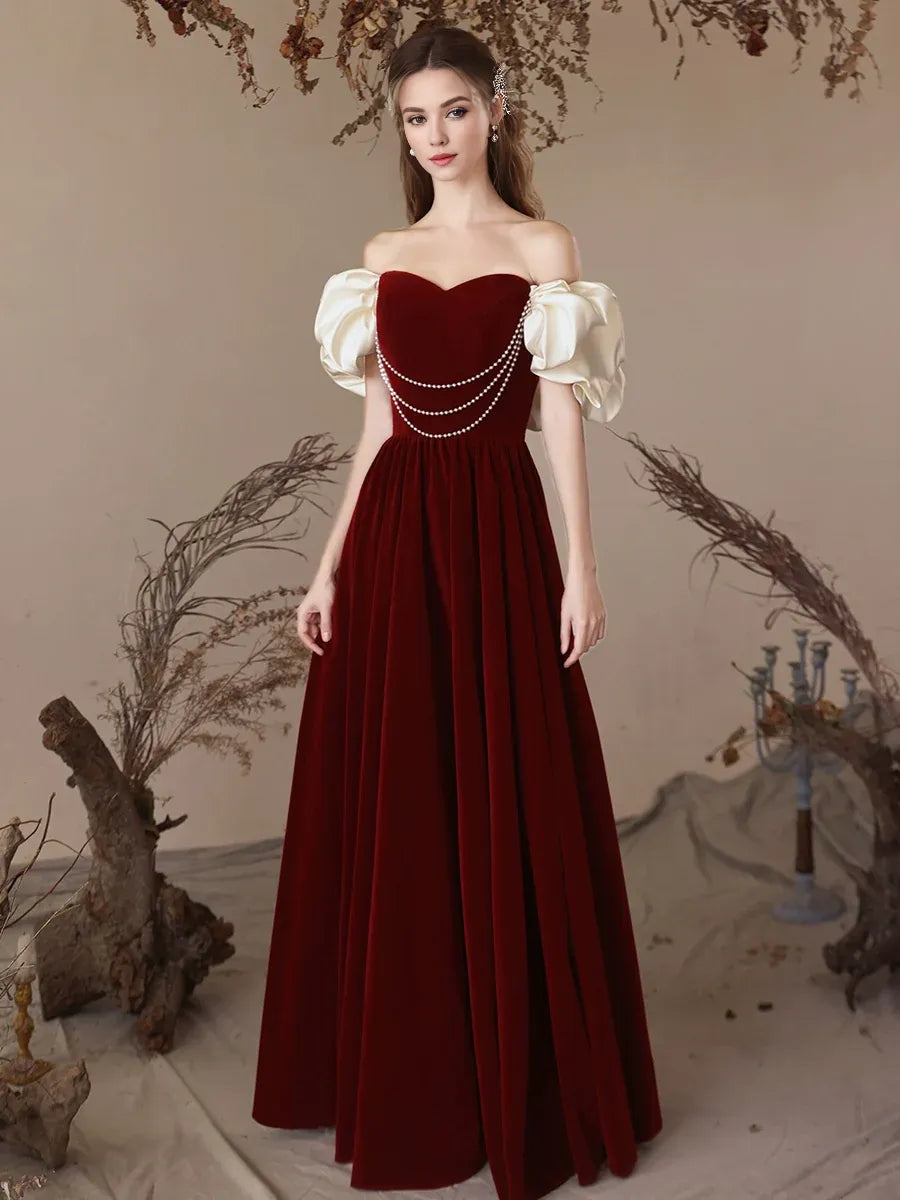 Wholesale A-Line Sweetheart Neck Velvet Burgundy Long Prom Dress Burgundy Evening Dress gowns evening dresses
